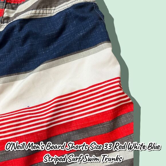 Preowned O’Neill Men’s Board Shorts Size 33 Red White Blue Striped Surf Swim Tru - Picture 5 of 8